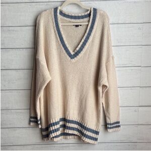 American Eagle Outfitters Cream and Blue V-Neck Sweater